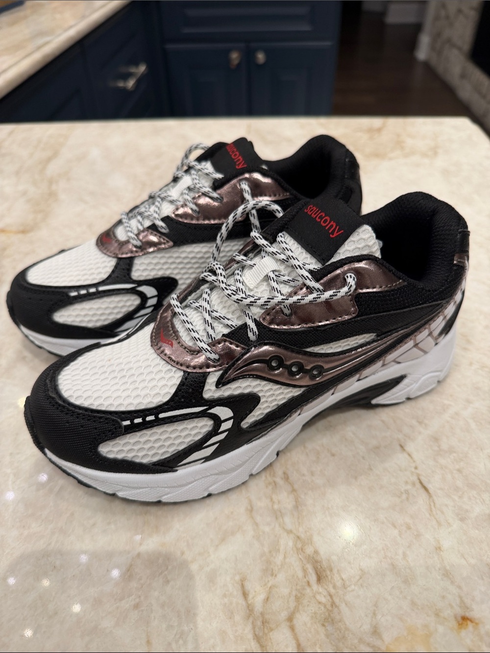 Saucony Kids White Black with Metallic Bronze Accent Sneakers